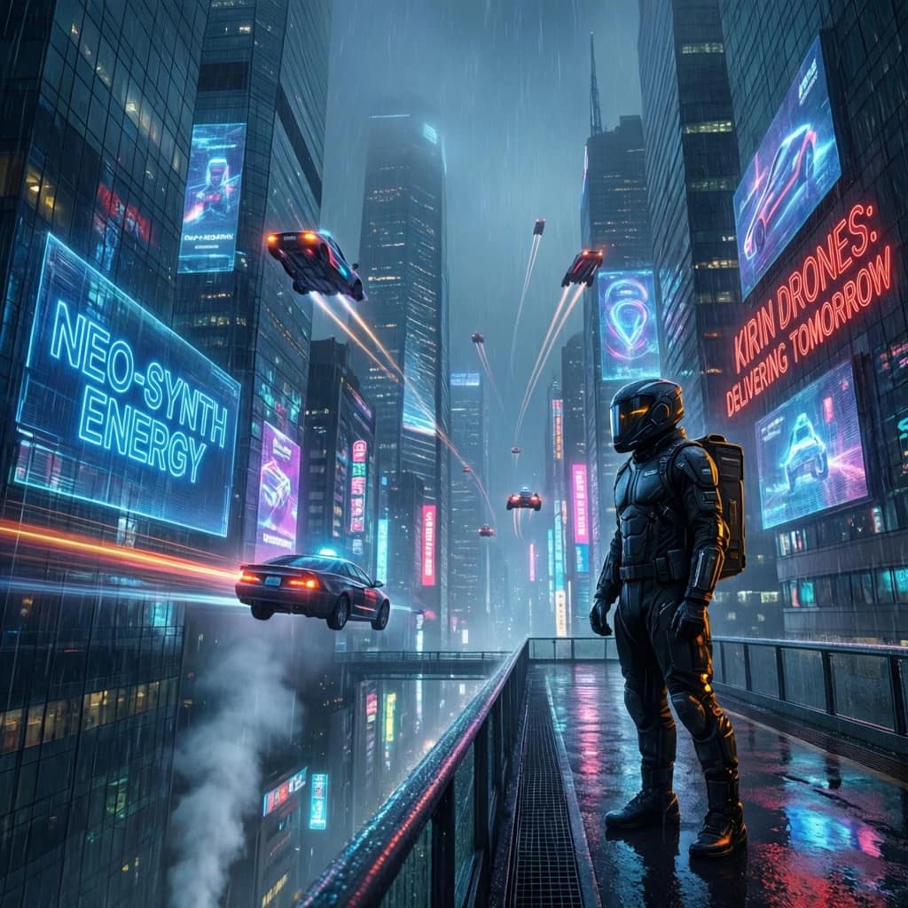 Rain-soaked neon megacity at night, flying taxis weave between glass towers, giant holograms flicker; a lone courier in a matte exosuit, somewhat cinematic wide angle.