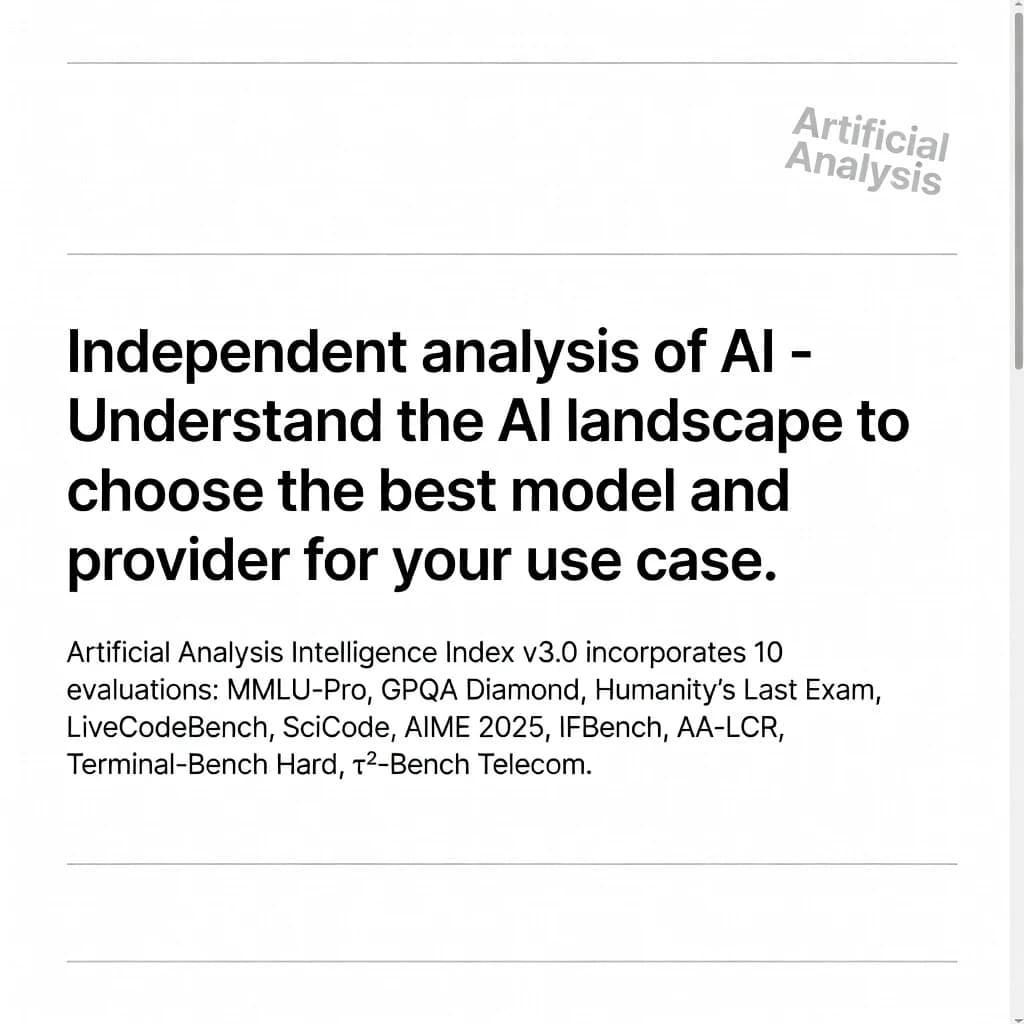On a white dashboard with thin gray dividers, place a centered header in Helvetica Neue Bold, 20pt: “Independent analysis of AI - Understand the AI landscape to choose the best model and provider for your use case.” Directly beneath, a subheader in smaller Regular weight, 14pt: “Artificial Analysis Intelligence Index v3.0 incorporates 10 evaluations: MMLU-Pro, GPQA Diamond, Humanity's Last Exam, LiveCodeBench, SciCode, AIME 2025, IFBench, AA-LCR, Terminal-Bench Hard, 𝜏²-Bench Telecom.” The header is fully justified but the subheader is left-aligned. In the upper right corner, the Artificial Analysis logo appears watermarked, diagonal, faint gray, partially overlapping the scrollbar.