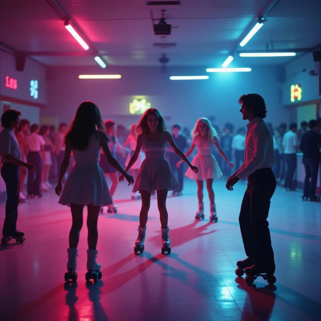 A 1970s roller rink crowd skates under neon, with a bit of fade and film grain.