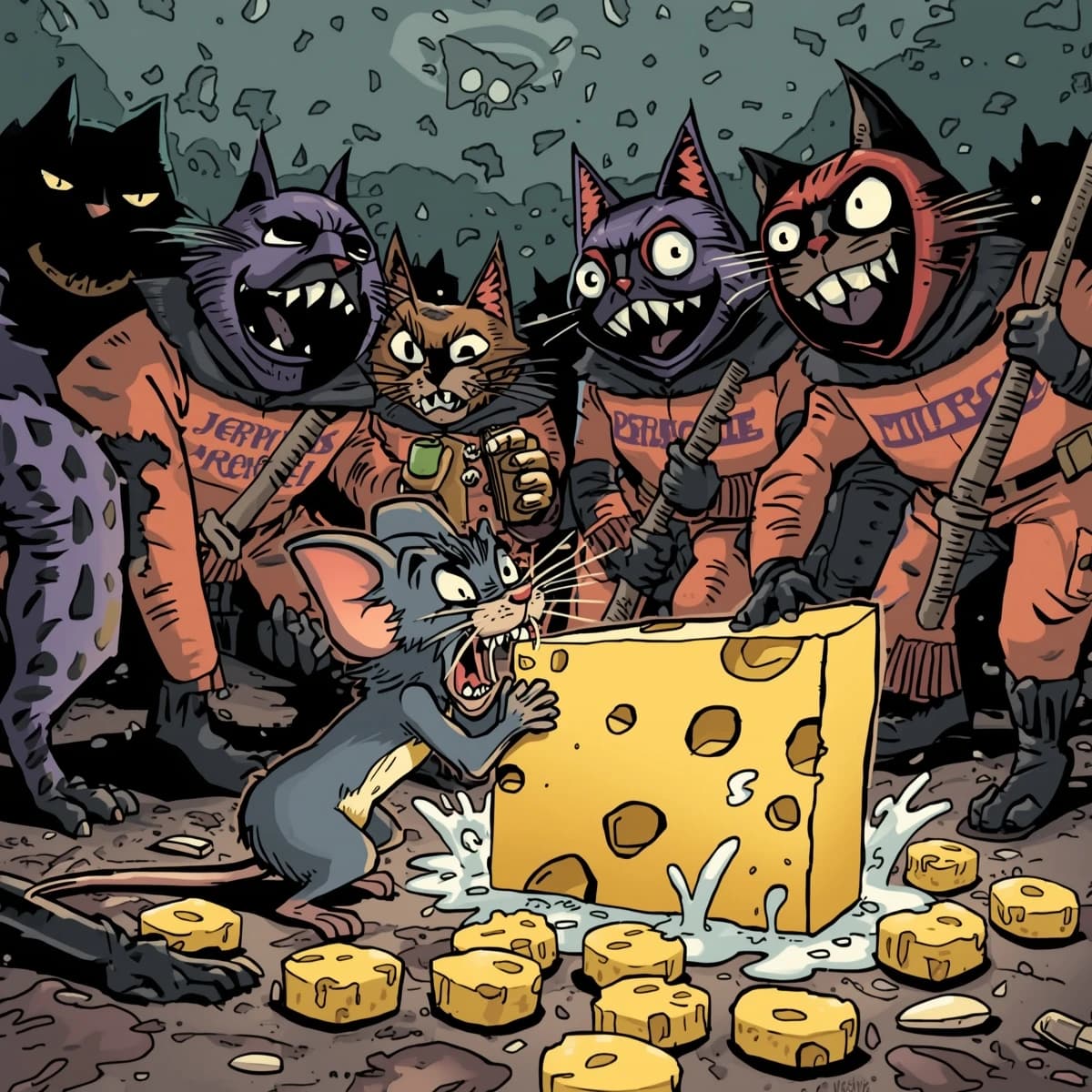 The cartoon rat clenches his thin wedge of cheese and trembles in fear as he hides from the menacing Jellicles, the roaming cat motorcycle gang, all wearing their colors with the name on the back. The cats have all drunk far too much milk and are causing a big ruckus! One cat is close to finding the rat