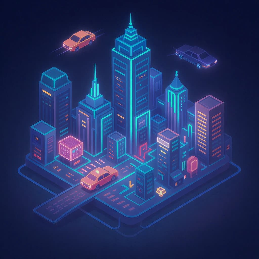 Design an isometric neon city with hovering taxis, clean lines, soft glow.