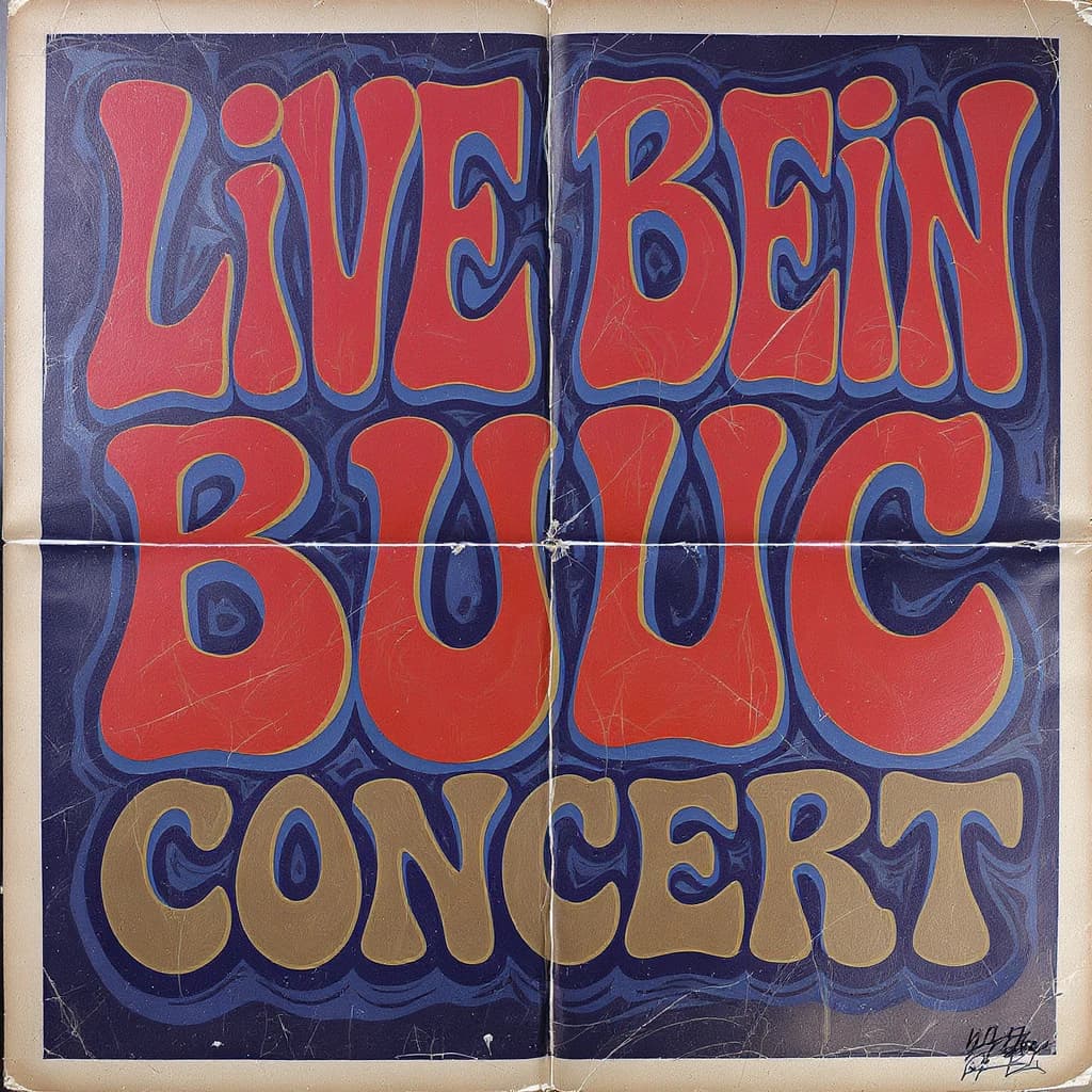 Make a 1960s concert poster featuring bold wood type, misaligned ink, creases.