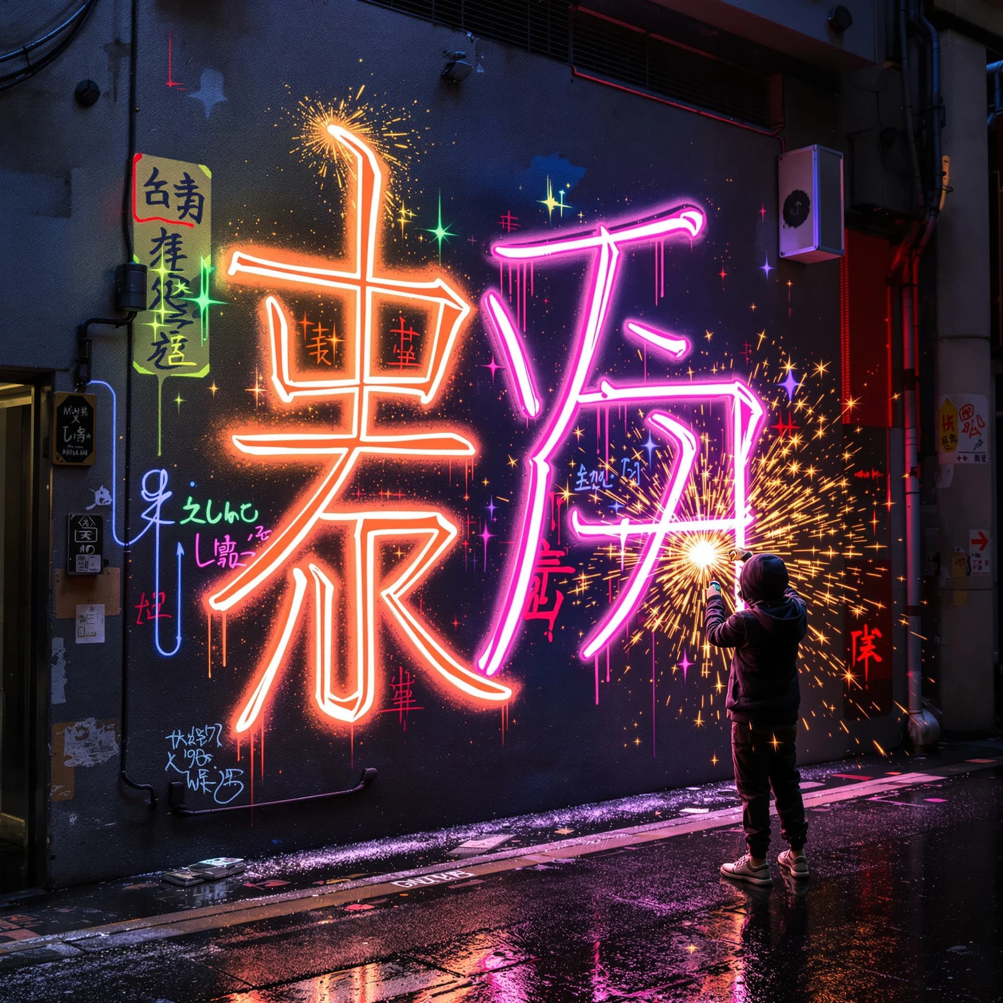 Chibi artist sprays huge neon kanji on a rainy alley wall, with sparkles.