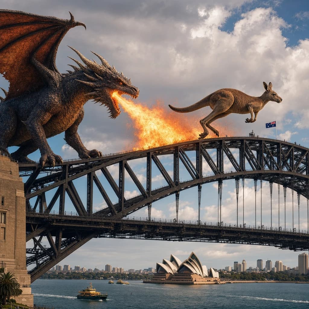 A dragon breathes fire at a kangaroo that is running away by climbing over the top of the Sydney Harbour Bridge. Opera House visible in the background.