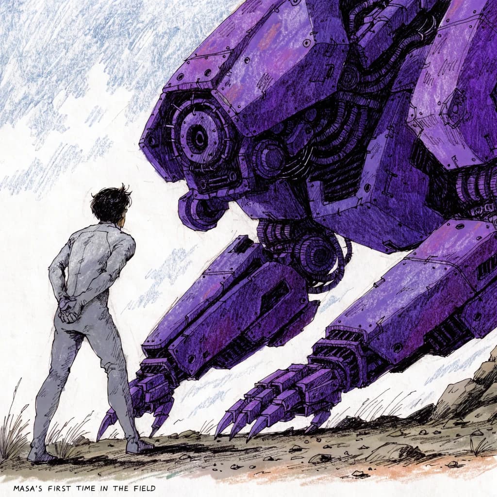 Clad in his body suit up to the neck, young Masa nervously approaches the towering mech with his back facing us. He is nervous for his first time in the field. The mech's bright purple colour scheme contrasts with the grey body suit. The scale of the mech dwarfs Masa. Hand drawn style