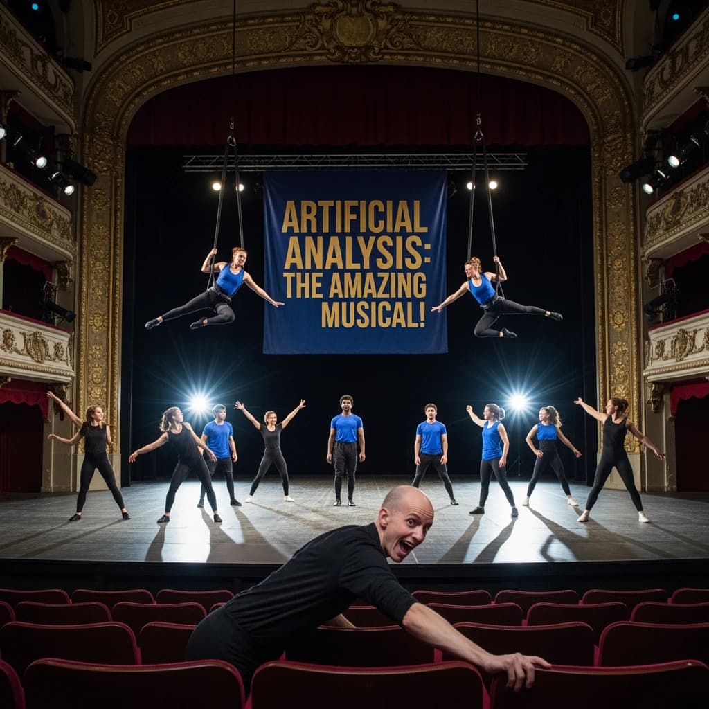 The musical troupe do a rehearsal in a large, empty theatre. 9 people are on the stage, half wear black and the others wear blue. The skinny bald director, seated in the second row, is practically leaping out of their seat with excitement as the leads nail their aerial. A giant banner reading "Artificial Analysis: The Amazing Musical!" is behind the actors.