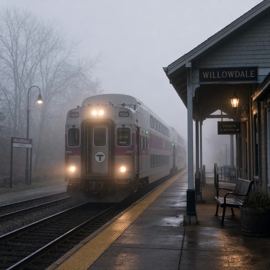 A commuter train enters a foggy little station.