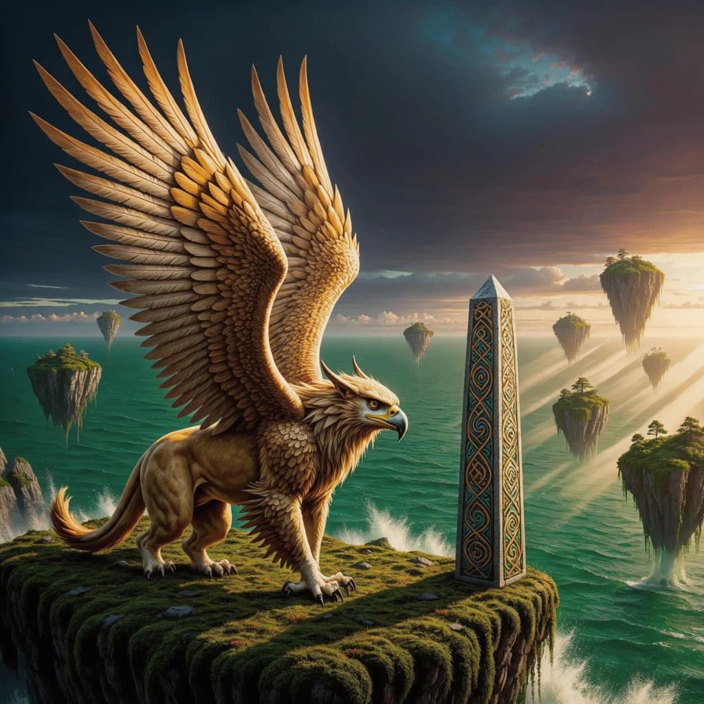 At dawn, a winged griffin lands on a mossy cliff above a jade sea beside a runed obelisk; floating isles drift under golden sunbeams, with a bit of sea spray and glowing runes.