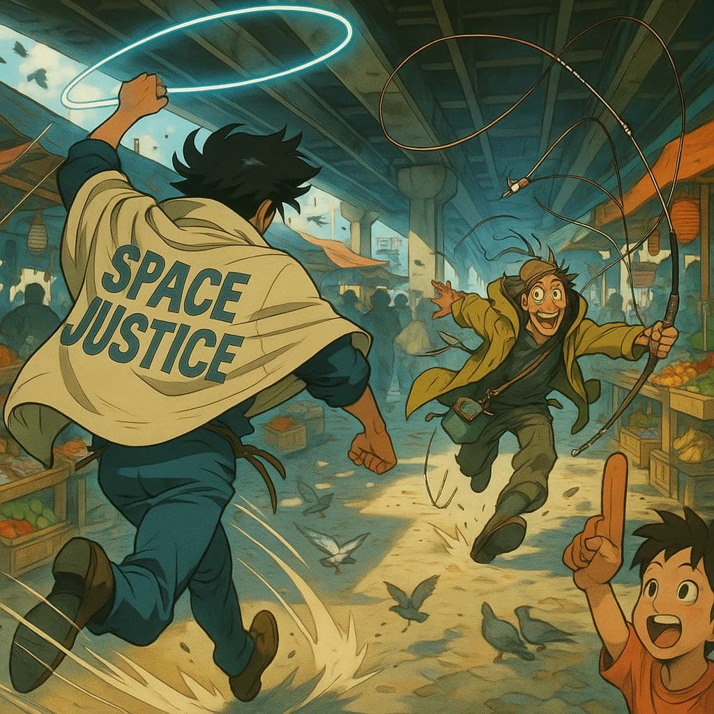 The space cowboy chases the deranged fisherman underneath the causeway, eager to collect on his bounty. Fishing rods and lines hang off the back off the fishermen as he darts between the bustling market crowd. We see the back of the space cowboy in his space poncho emblazoned with the words SPACE JUSTICE, spinning his lasso over his head. A child on the sidelines excitedly cheers the cowboy. 1990s hand drawn anime style with strong fluidity