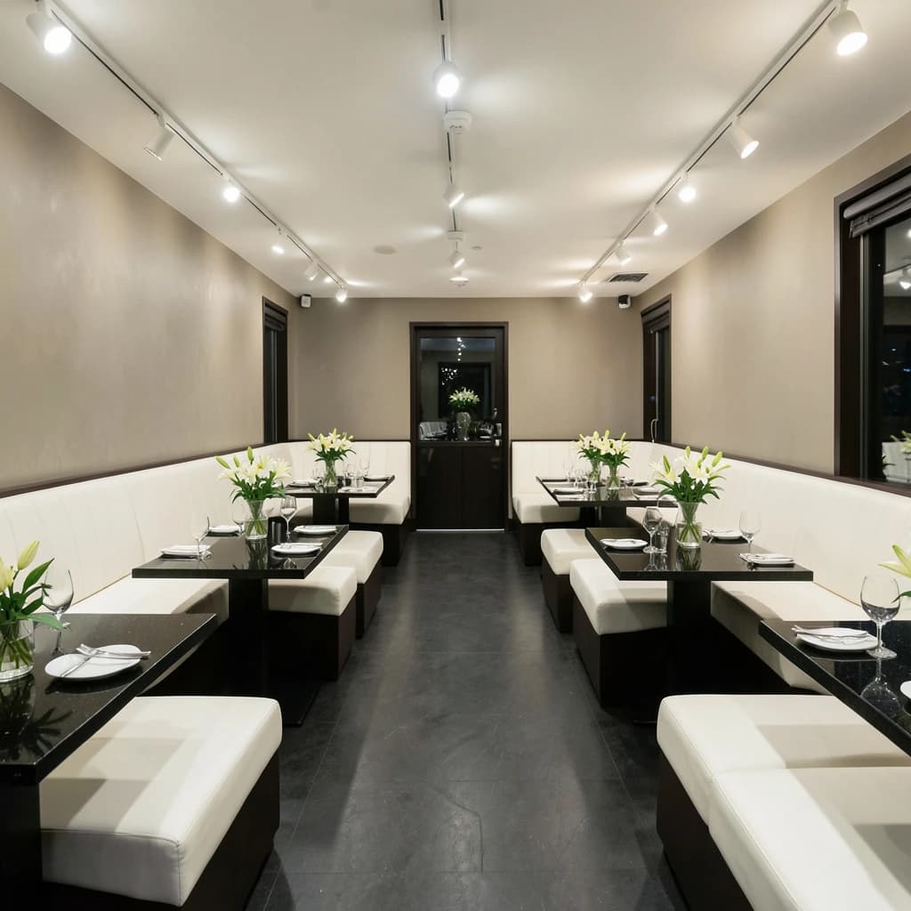 The place is almost empty. The banquettes are covered in white leather, the tables black granite, and the entire room is bathed in halogen track lighting that seems too bright. The maître d’ wears a double-breasted wool crepe jacket. There are lilies on every table.