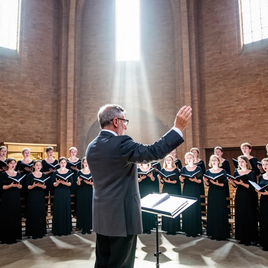A choir rehearses in a brick hall as somewhat dramatic morning light falls through high windows, with a patient conductor mid-gesture, open scores, intent faces, slight motion blur.