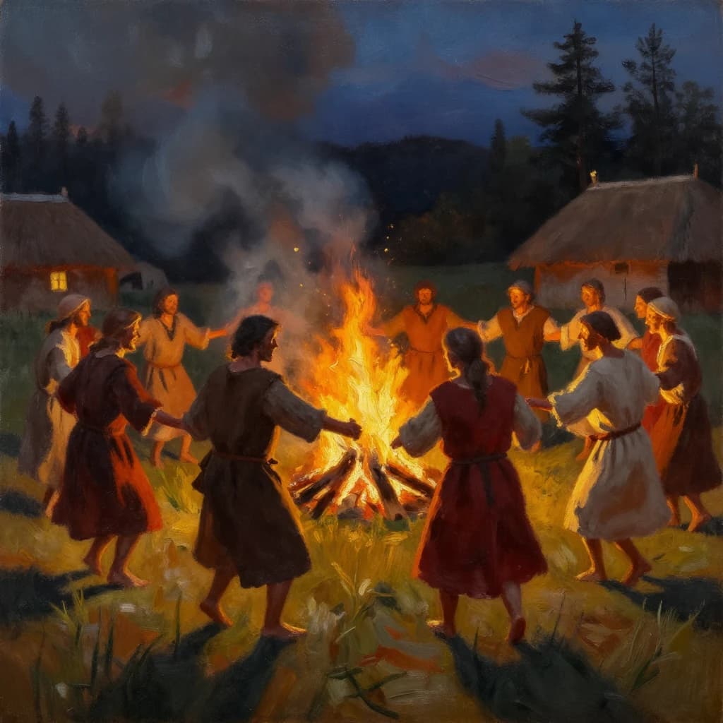 Make an oil painting of villagers dancing by a bonfire at dusk, a bit smoky.