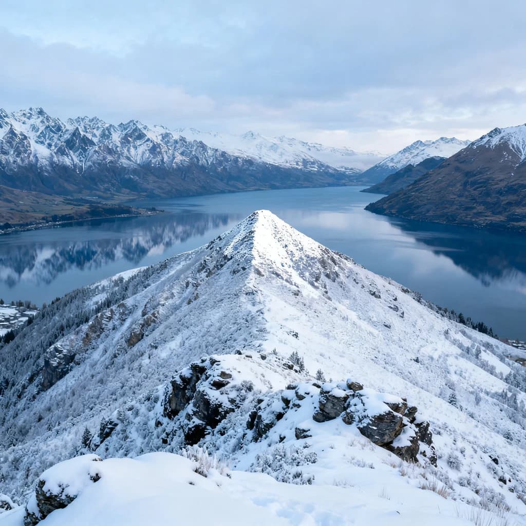 Queenstown's Lake Wakatipu, viewed from the top of Queenstown Hill after a snowstorm just dusted the top of Cecil's Peak