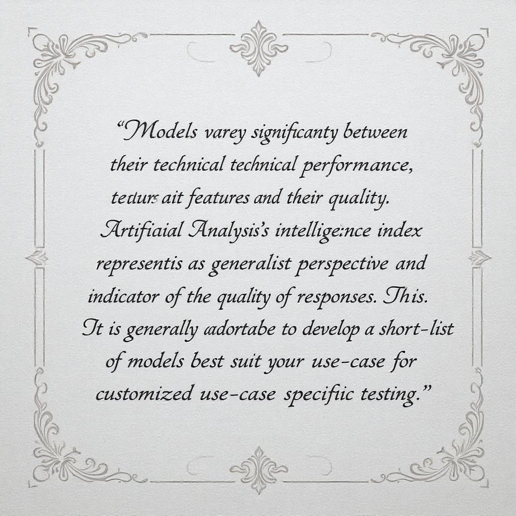 On a flat layout, write in an ornate baroque style "Models vary significantly between their technical performance, features and their quality. Artificial Analysis's intelligence index represents a generalist perspective and is useful as an indicator of the quality of responses. It is generally advisable to develop a short-list of models which best suit your use-case for customized use-case specific testing. "