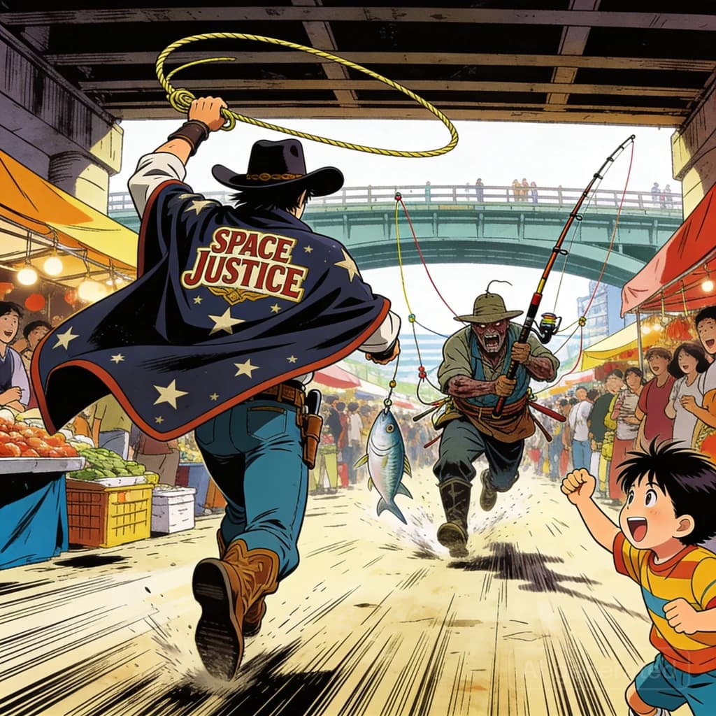 The space cowboy chases the deranged fisherman underneath the causeway, eager to collect on his bounty. Fishing rods and lines hang off the back off the fishermen as he darts between the bustling market crowd. We see the back of the space cowboy in his space poncho emblazoned with the words SPACE JUSTICE, spinning his lasso over his head. A child on the sidelines excitedly cheers the cowboy. 1990s hand drawn anime style with strong fluidity