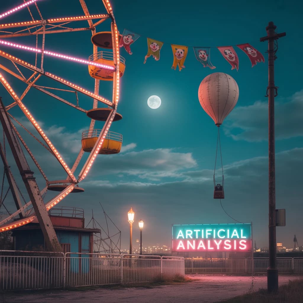 A deserted amusement park glows faintly under a half-moon. The ferris wheel is rusting yet strung with fresh, blinking LED lights. A torn clown banner flaps in a windless air. A lone balloon floats upward, tethered to nothing, while in the far distance city lights flicker on - some neon, some gas lamps as though from another century. 'Artificial Analysis' glows in neon