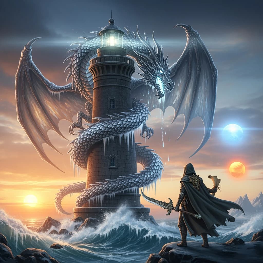 A dragon of molten silver coils around a lighthouse. The storming sea below crashes upward in frozen stillness, as though caught mid-motion. The dragon’s molten eyes drip tears of ice. On the horizon, two suns set next to each other, casting orange light on one side of the tower and blue on the other. A cloaked traveler carries an ancient weapon in his left hand and a scroll in his right.