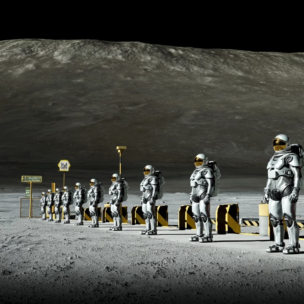 Silver exosuits queue at a dusty lunar checkpoint.