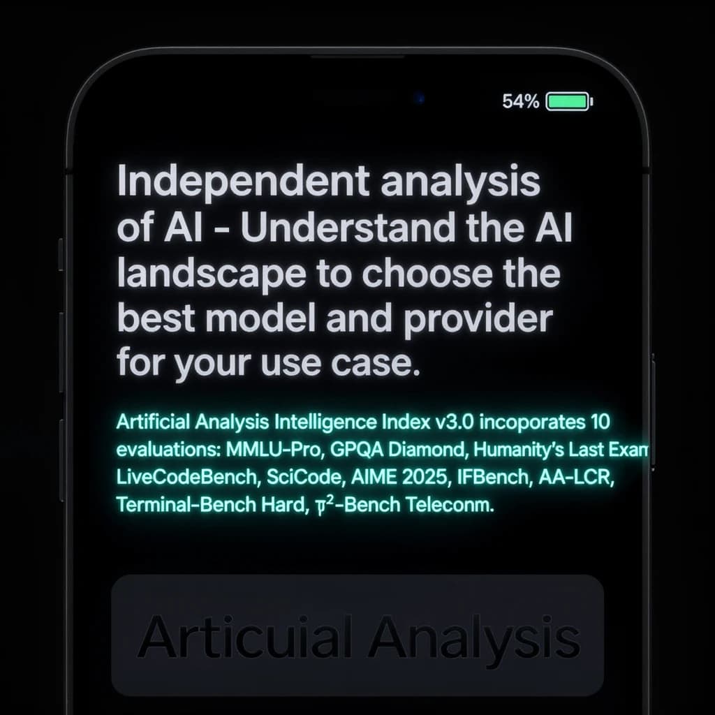 On a black smartphone UI with rounded corners, display a centered text block in white San Francisco font, 16pt: “Independent analysis of AI - Understand the AI landscape to choose the best model and provider for your use case.” Below, in neon cyan, monospace font, smaller size: “Artificial Analysis Intelligence Index v3.0 incorporates 10 evaluations: MMLU-Pro, GPQA Diamond, Humanity's Last Exam, LiveCodeBench, SciCode, AIME 2025, IFBench, AA-LCR, Terminal-Bench Hard, 𝜏²-Bench Telecom.” The second block scrolls horizontally as a ticker. The battery icon in the status bar shows 54%. The Artificial Analysis logo appears faintly, embossed into the bottom navigation bar.