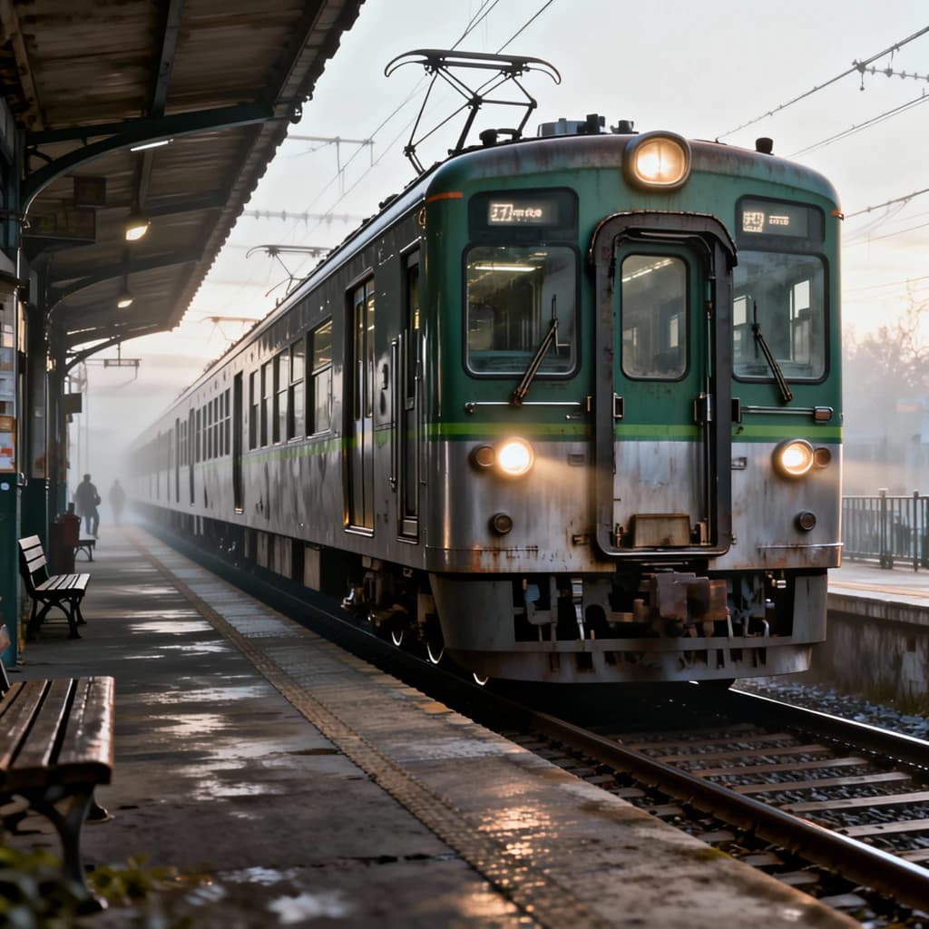 A commuter train enters a foggy little station.