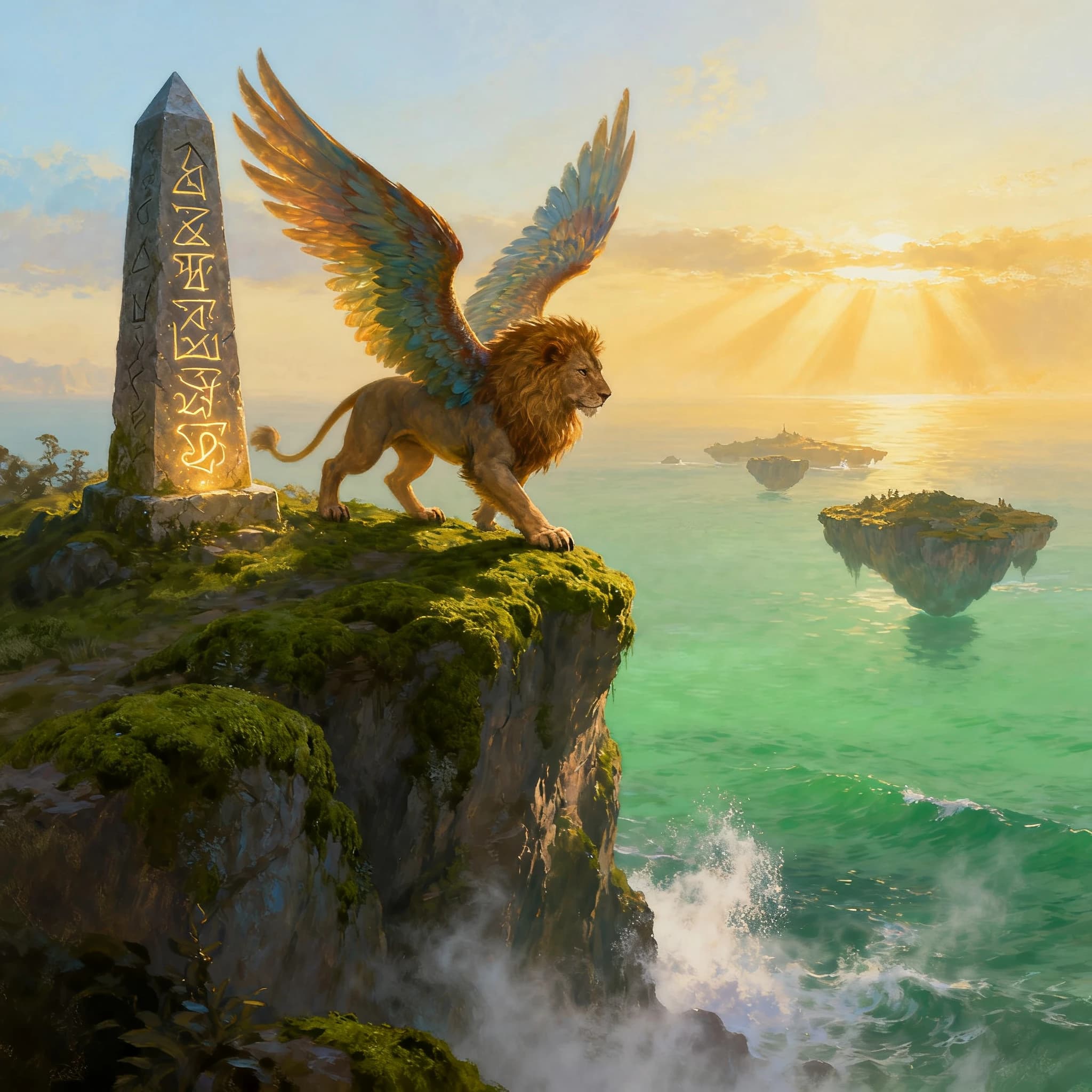 At dawn, a winged griffin lands on a mossy cliff above a jade sea beside a runed obelisk; floating isles drift under golden sunbeams, with a bit of sea spray and glowing runes.