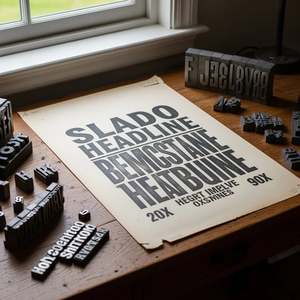 A vintage letterpress poster on a wooden desk: bold slab serif headline, tight kerning, misregistered ink, slightly worn edges, scattered metal type, soft window light.
