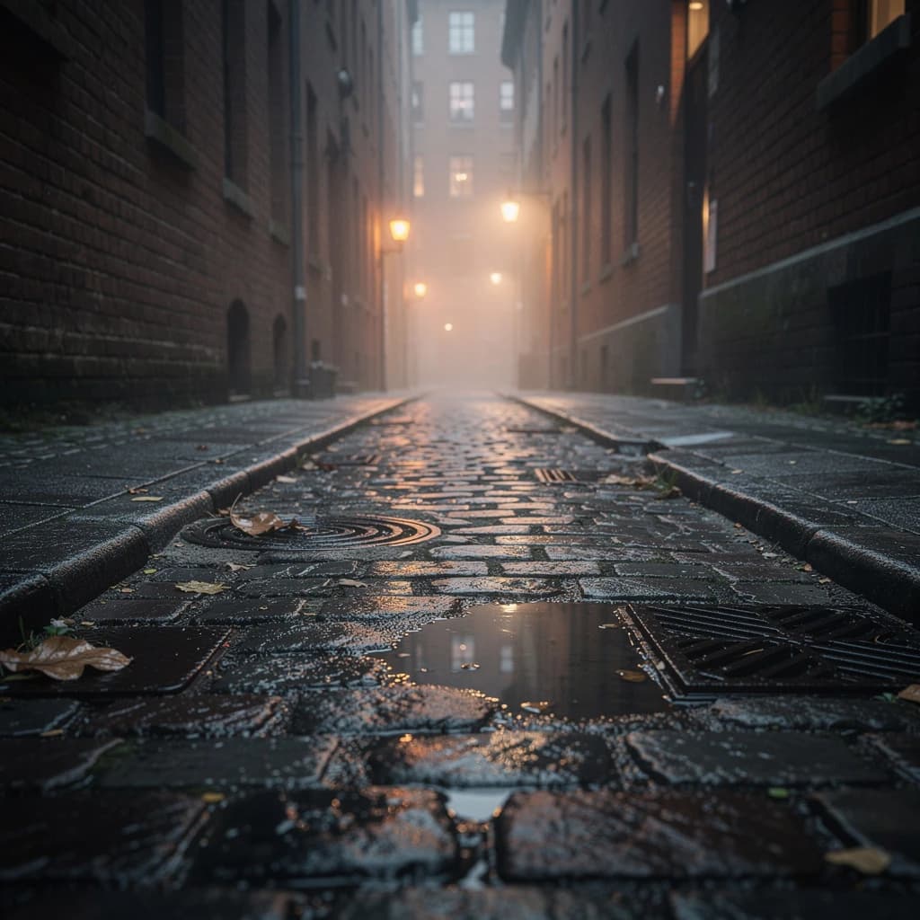 Show a narrow brick alley with wet cobblestones.