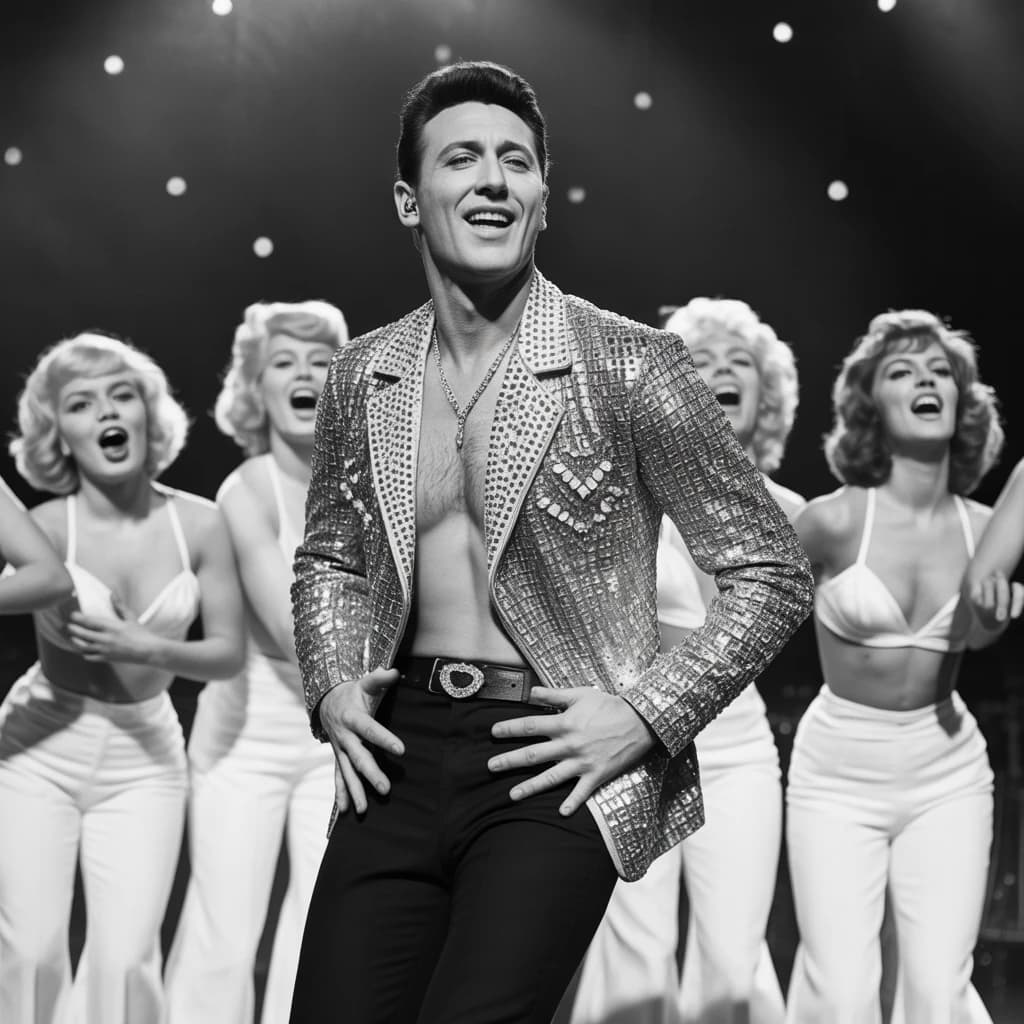 An archival image from 1953 of the rock singer swinging his hips on the stage while glamorous back up singers feign shock at his gyrations! He wears a diamond encrusted jacket with the stones arranged in the shape of a heart