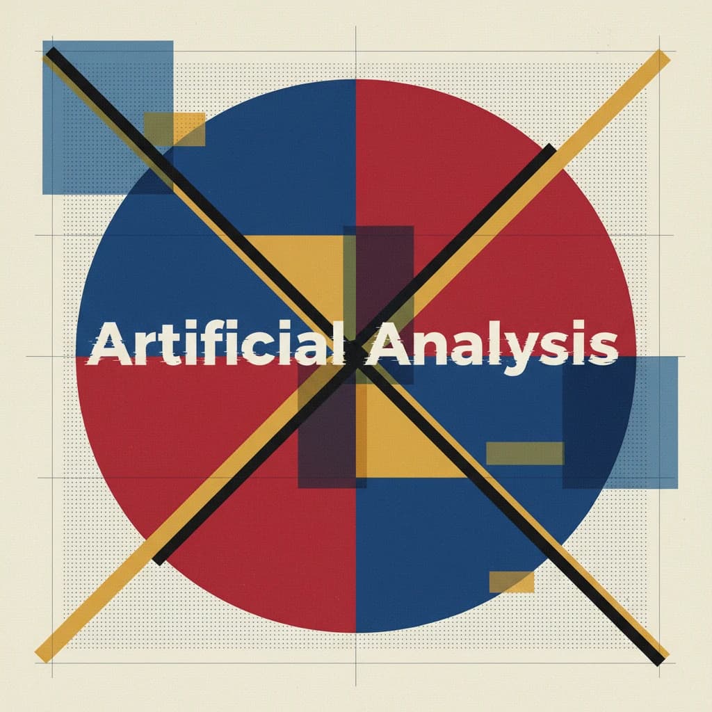 A bold poster composition dominated by flat geometric shapes in crimson, cobalt, and ochre. Overlapping circles and sharp diagonal lines create dynamic tension across the frame. A single sans-serif word — Artificial Analysis — stretches across the center in stark white, distorted slightly as though caught mid-glitch. The background is textured with halftone dots and faint grid lines, while subtle overlays of translucent rectangles suggest depth. Designed in the spirit of modernist Swiss typography fused with digital glitch aesthetics.