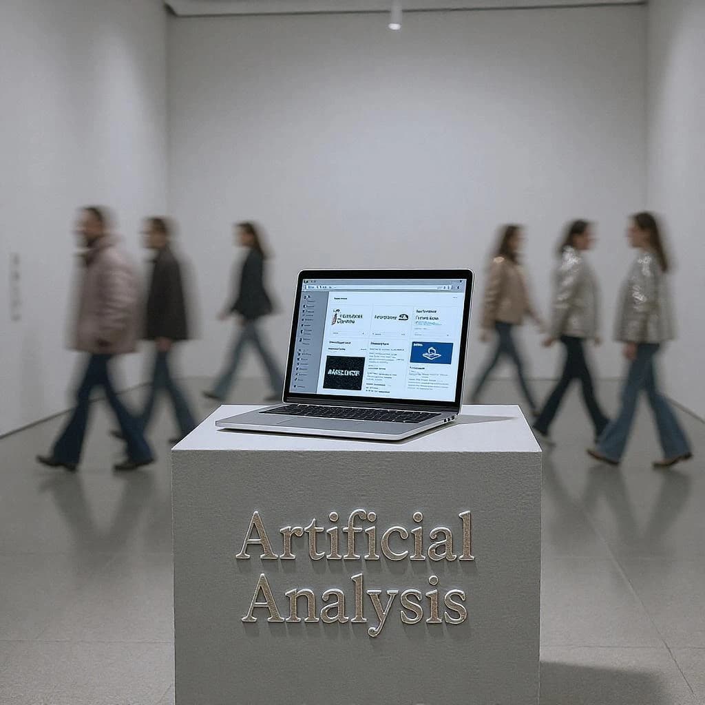 In a spotless gallery space, a pedestal supports a transparent laptop whose screen flickers between static and pristine brand imagery. Shoppers blur past in designer clothes that appear slightly outdated - bell bottoms, metallic jackets. The embossed logo “Artificial Analysis” glints silver, yet its reflection in the glass floor reads in crimson letters. A single spotlight shines, though shadows fall in two directions.
