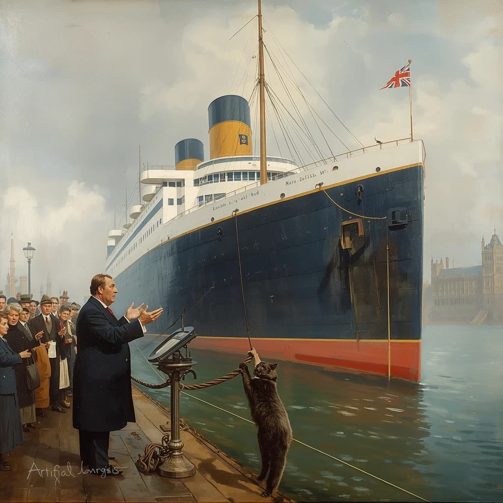 An impressionistic painting of the mighty steamer the "SS Unsinkable We Really Mean It This Time" on a cloudy but bright London morning about to set out on her maiden voyage. A jubilant crowd is gathered on the dock around the paunchy mayor who is making a speech, gesticulating wildly with his hands. The gangways are busy with well heeled ladies and gentlemen making their way onto the ship. A cheeky cat hangs over the water, clinging to the mooring rope after an ill-fated attempt to climb up. The artist has signed his name "Artificial Analysis" in the bottom corner