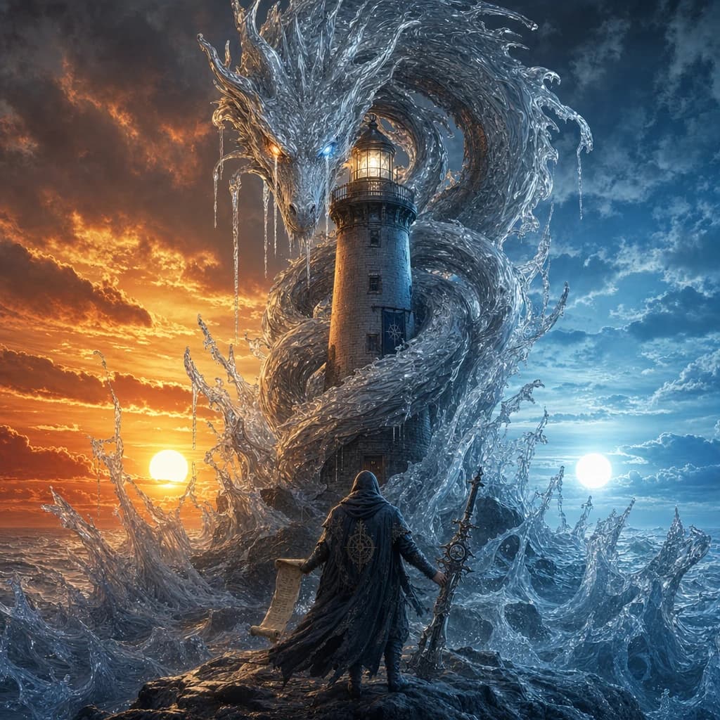 A dragon of molten silver coils around a lighthouse. The storming sea below crashes upward in frozen stillness, as though caught mid-motion. The dragon’s molten eyes drip tears of ice. On the horizon, two suns set next to each other, casting orange light on one side of the tower and blue on the other. A cloaked traveler carries an ancient weapon in his left hand and a scroll in his right.