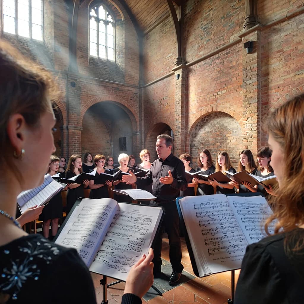 A choir rehearses in a brick hall as somewhat dramatic morning light falls through high windows, with a patient conductor mid-gesture, open scores, intent faces, slight motion blur.