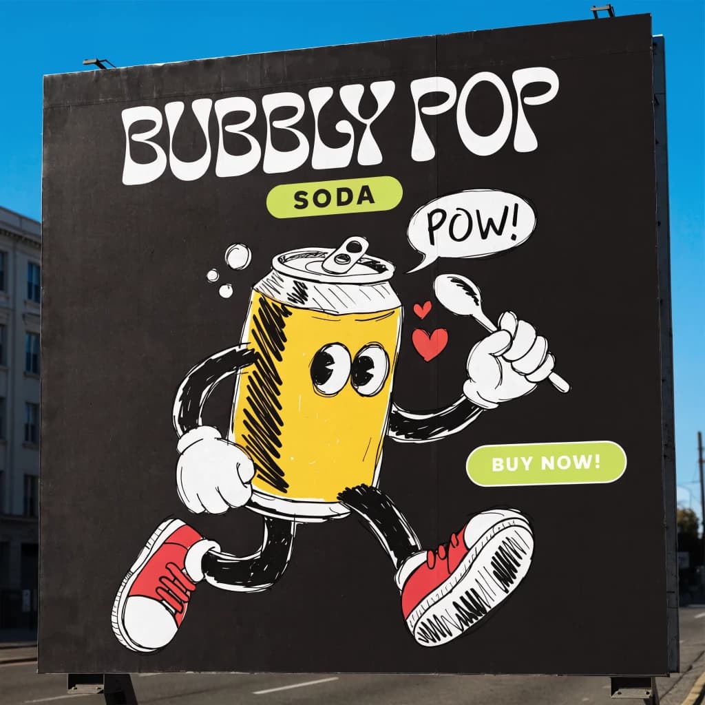 Design a bright soda billboard ad with a bubbly can mascot, thick inky lines.