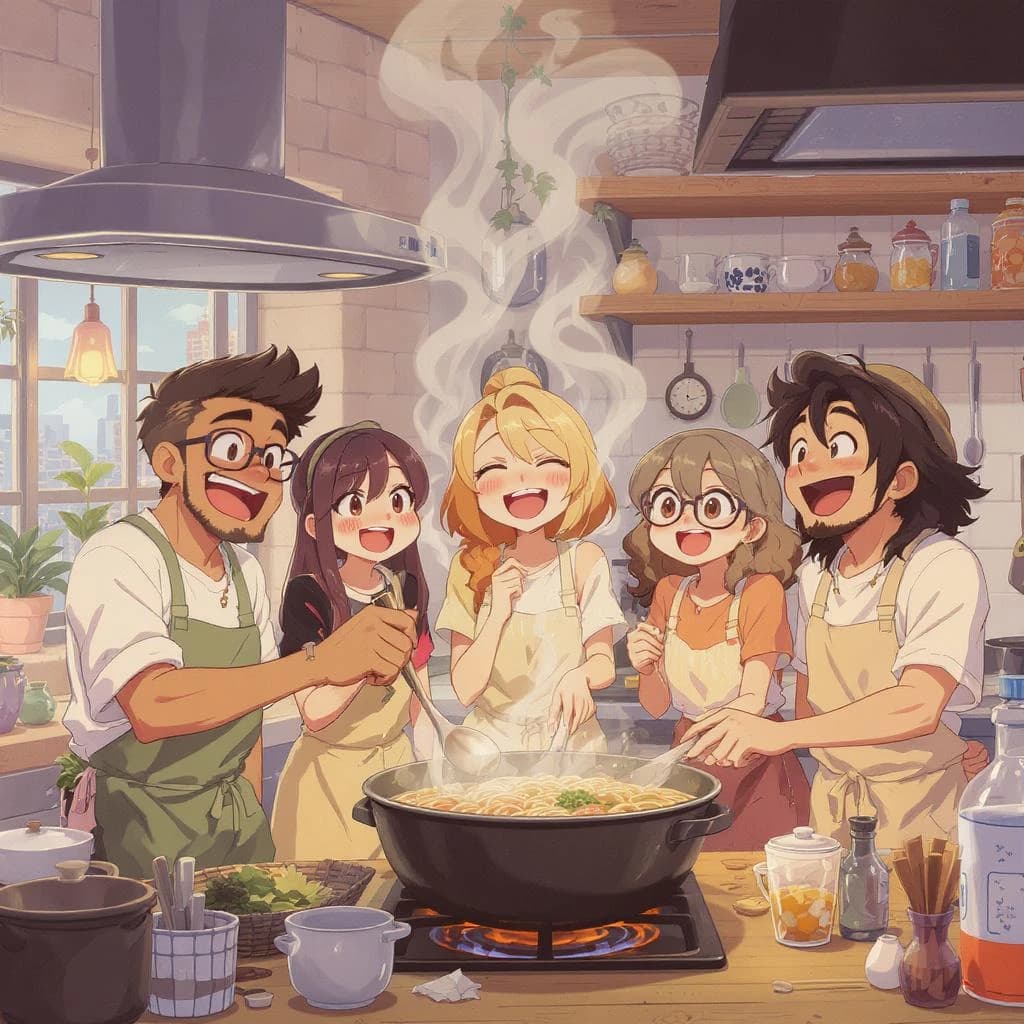 Club friends cooking ramen, steam rising, cel-shaded, city kitchen, big eyes.