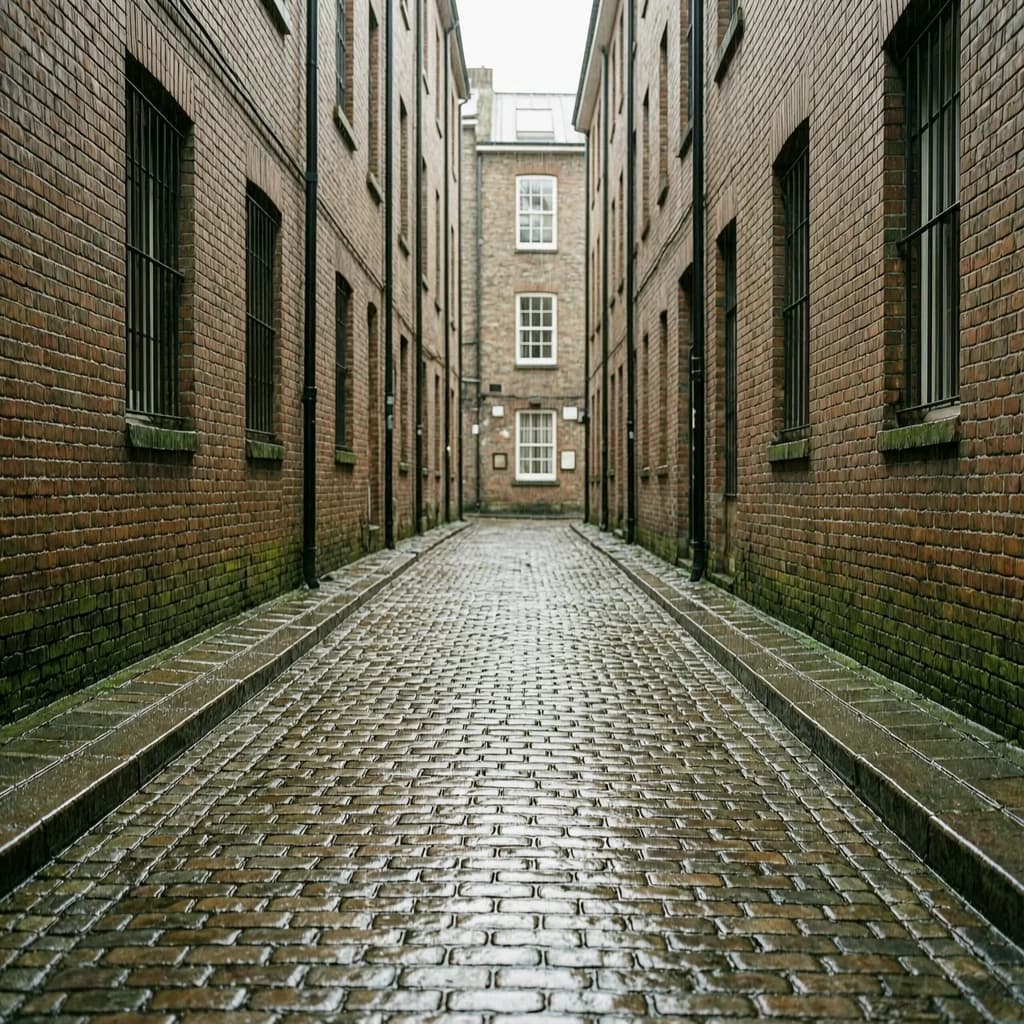 Show a narrow brick alley with wet cobblestones.
