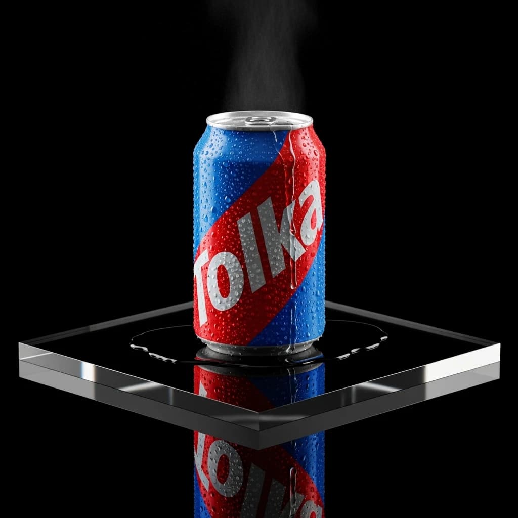 A close-up ad shot of sparkling soda can on glossy acrylic, harsh top light.
