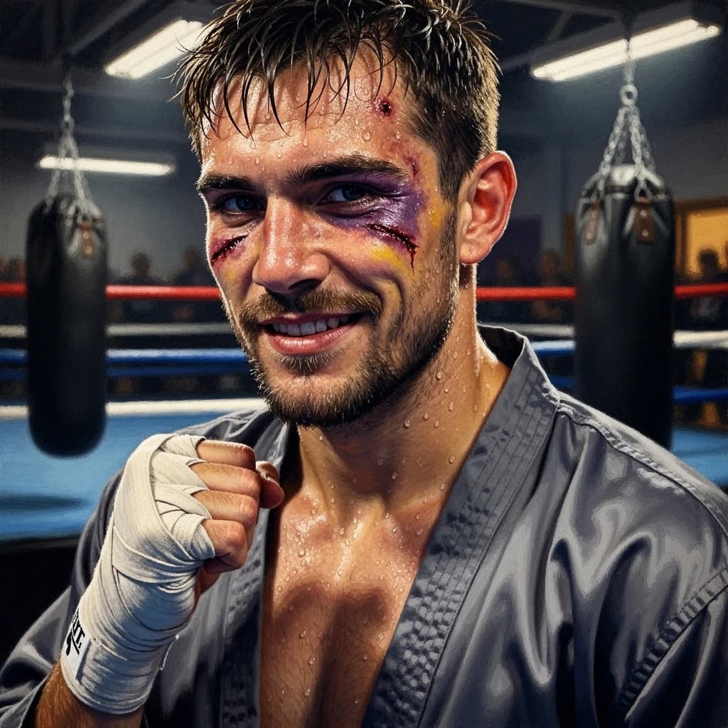 Paint a bruised boxer smiling, serious expression.