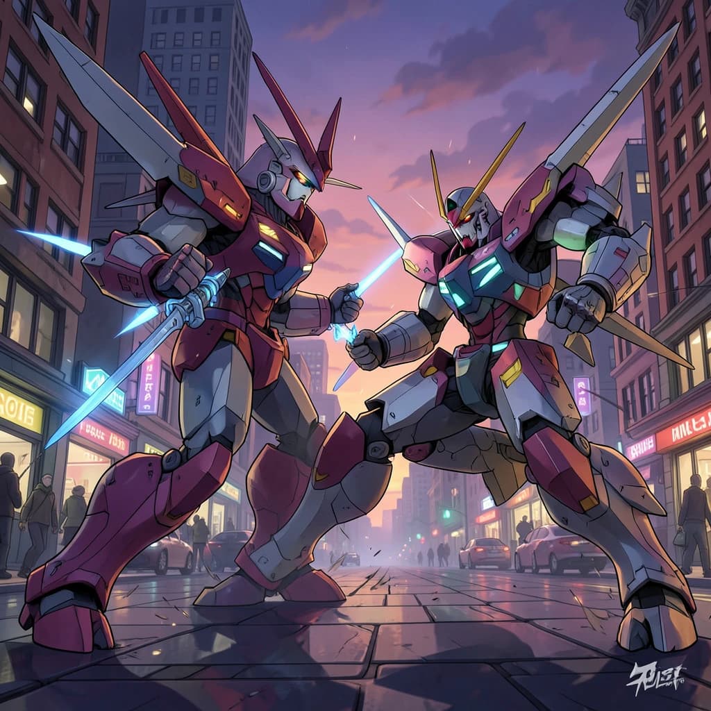 Make a cel-shaded mecha duel at dusk downtown.