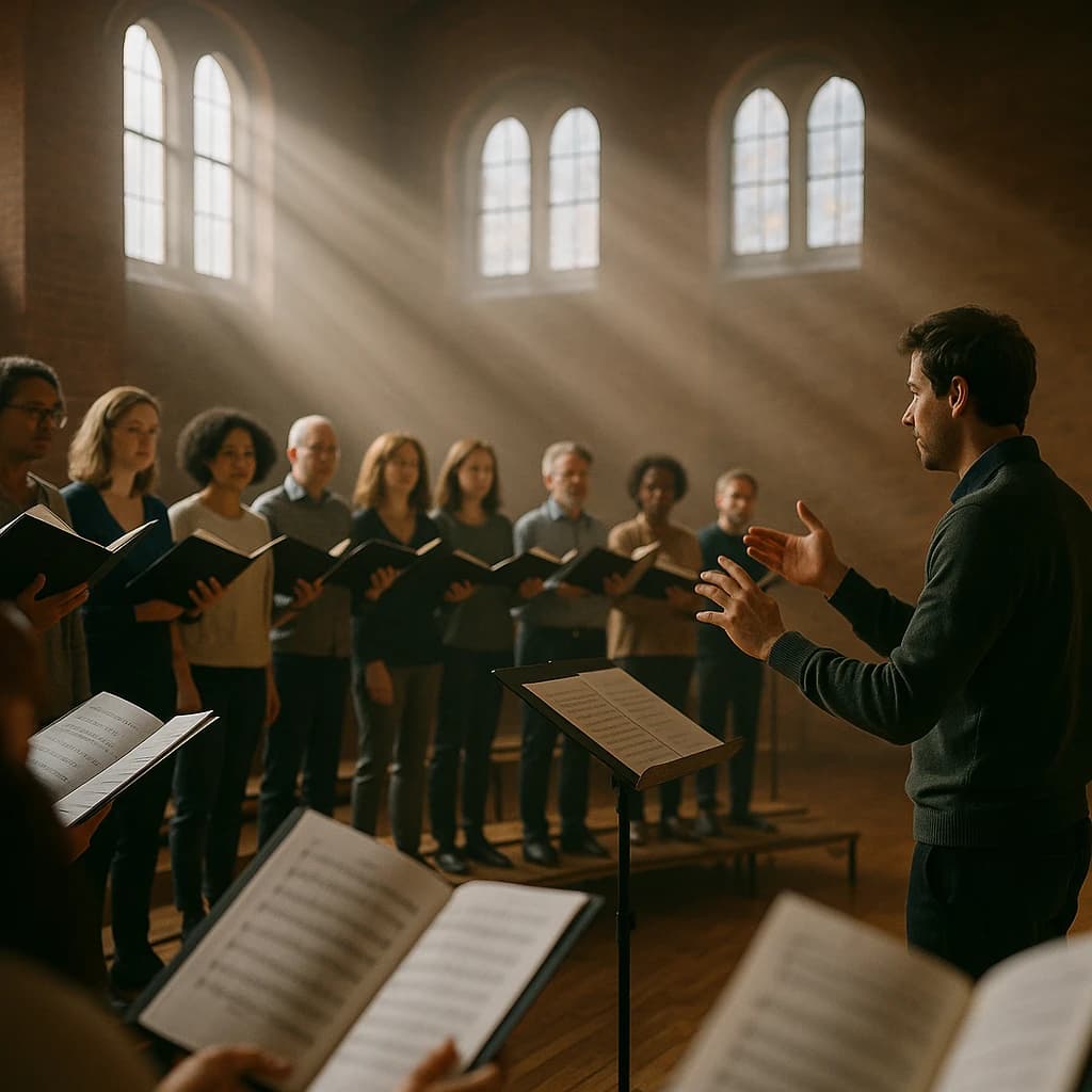 A choir rehearses in a brick hall as somewhat dramatic morning light falls through high windows, with a patient conductor mid-gesture, open scores, intent faces, slight motion blur.