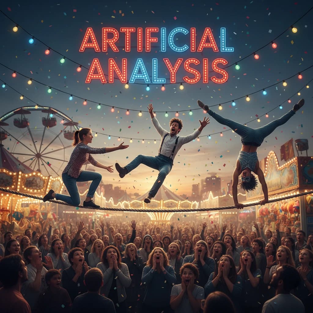 At dusk, high above a carnival crowd, three tightrope walkers balance on a single rope with no aids, one is off balance and grabbing at air. Below, the audience looks upward with baited anticipation. Artificial Analysis is spelled out in the background in carnival lights