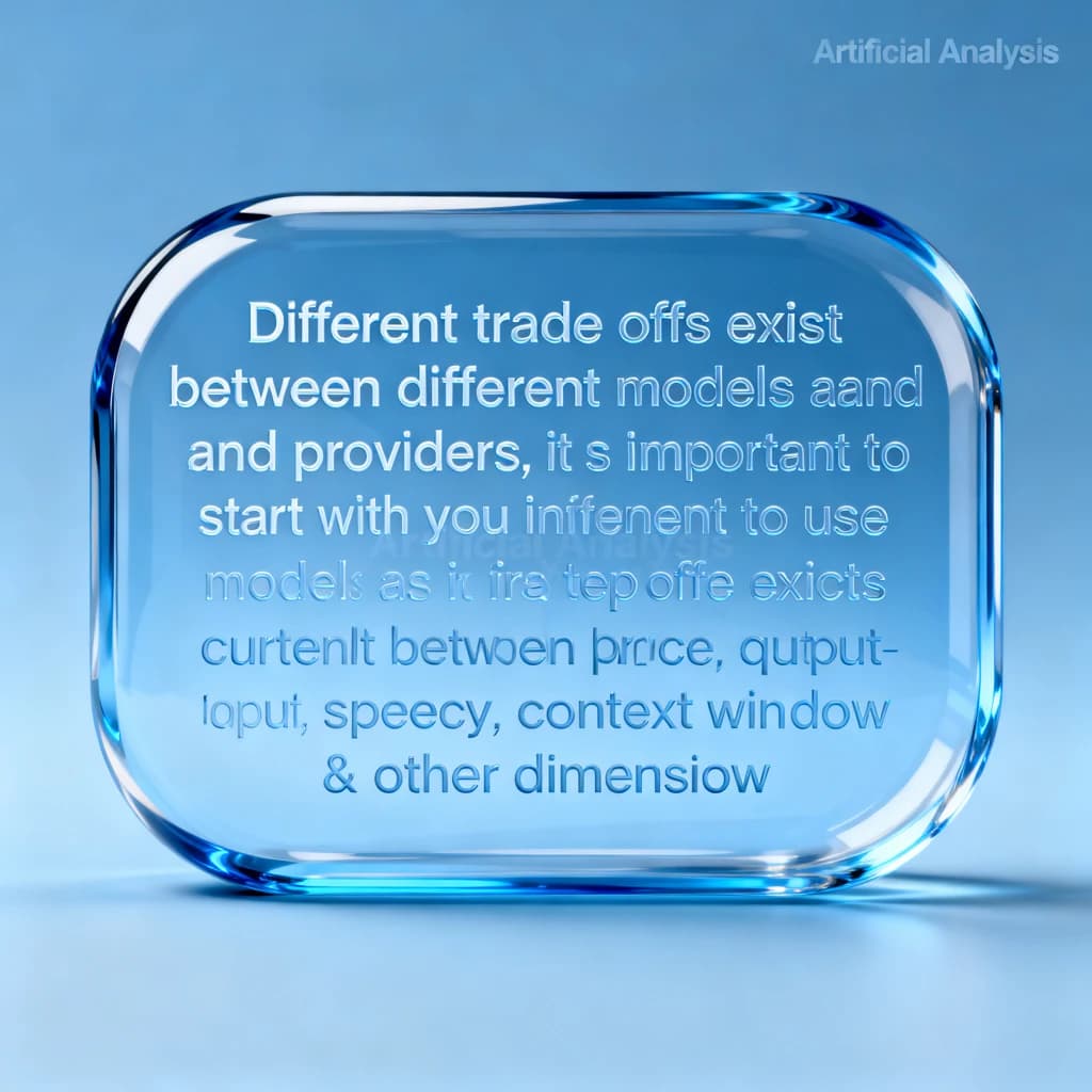 In a clear transparent blue glassy rounded box, etch "Different trade offs exist between different models and providers and as such, it is important to start with how you intend to use the model as the first step. Trade-offs exist currently between model quality, price, output speed, latency, context window & other dimensions. " in sans serif medium weight text. Artificial Analysis is watermarked over the top right 