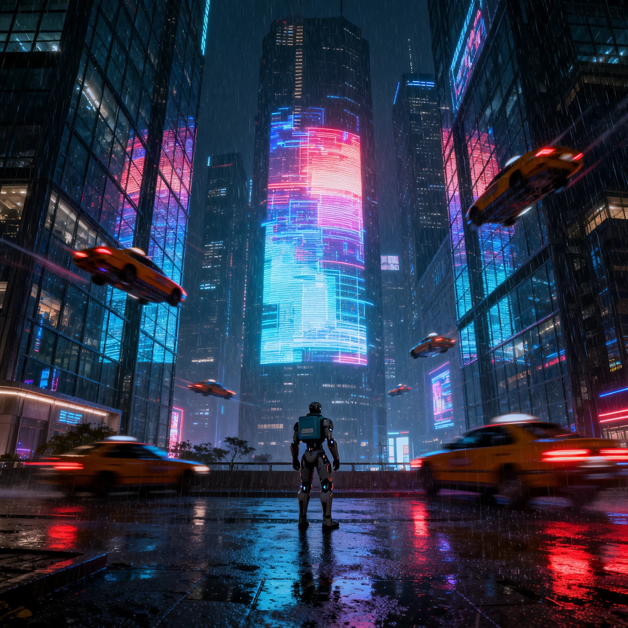 Rain-soaked neon megacity at night, flying taxis weave between glass towers, giant holograms flicker; a lone courier in a matte exosuit, somewhat cinematic wide angle.