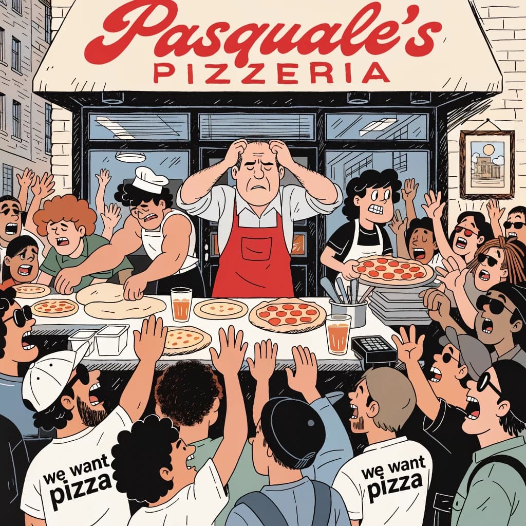 Pasquale is pulling his few remaining hairs out over a disaster at the pizzeria - the cooks are working as fast as they can but the crowds outside are swelling and they demand hot hot pizza! They are banging on the glass and some are wearing "we want pizza" shirts. 1980s western TV animation style.