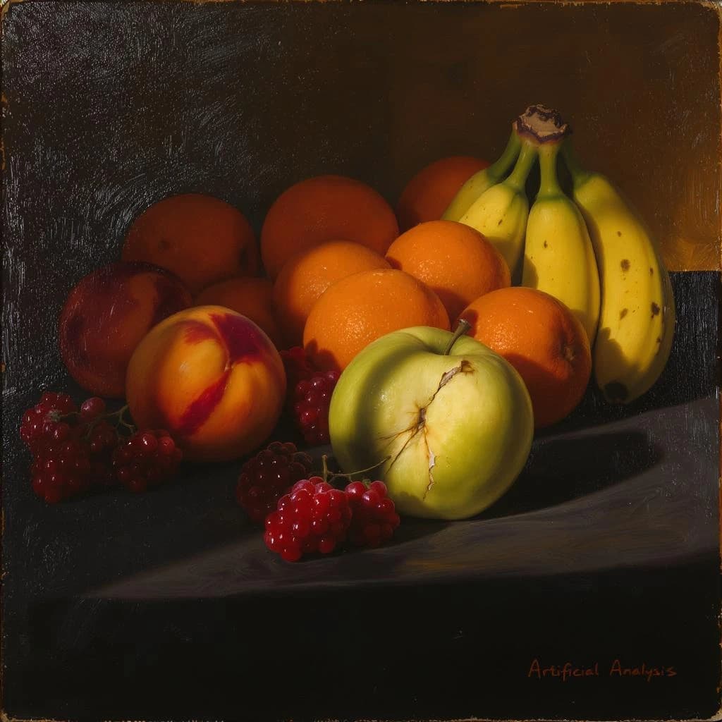 A still life scene painted oil on canvas, comprising various fruits on a black table cloth with striking lighting coming from the right out of frame, creating strong shadows. A bruised green apple is in the foreground, a peach behind it, and behind that a melange of oranges and bananas in various states of ripeness. Berries are strewn in front of the apple. The artist has signed his name "Artificial Analysis" in the bottom right corner in a hurried fashion.
