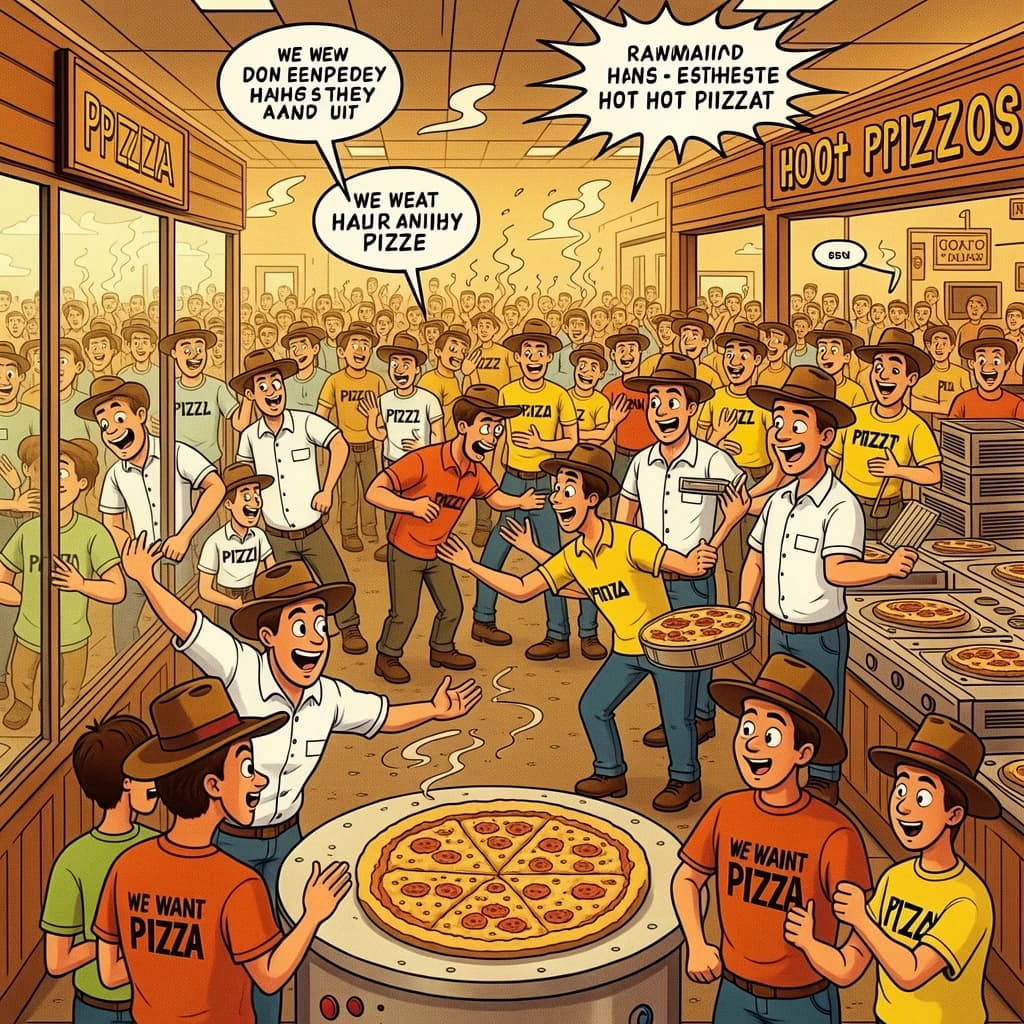 Pasquale is pulling his few remaining hairs out over a disaster at the pizzeria - the cooks are working as fast as they can but the crowds outside are swelling and they demand hot hot pizza! They are banging on the glass and some are wearing "we want pizza" shirts. 1980s western TV animation style.