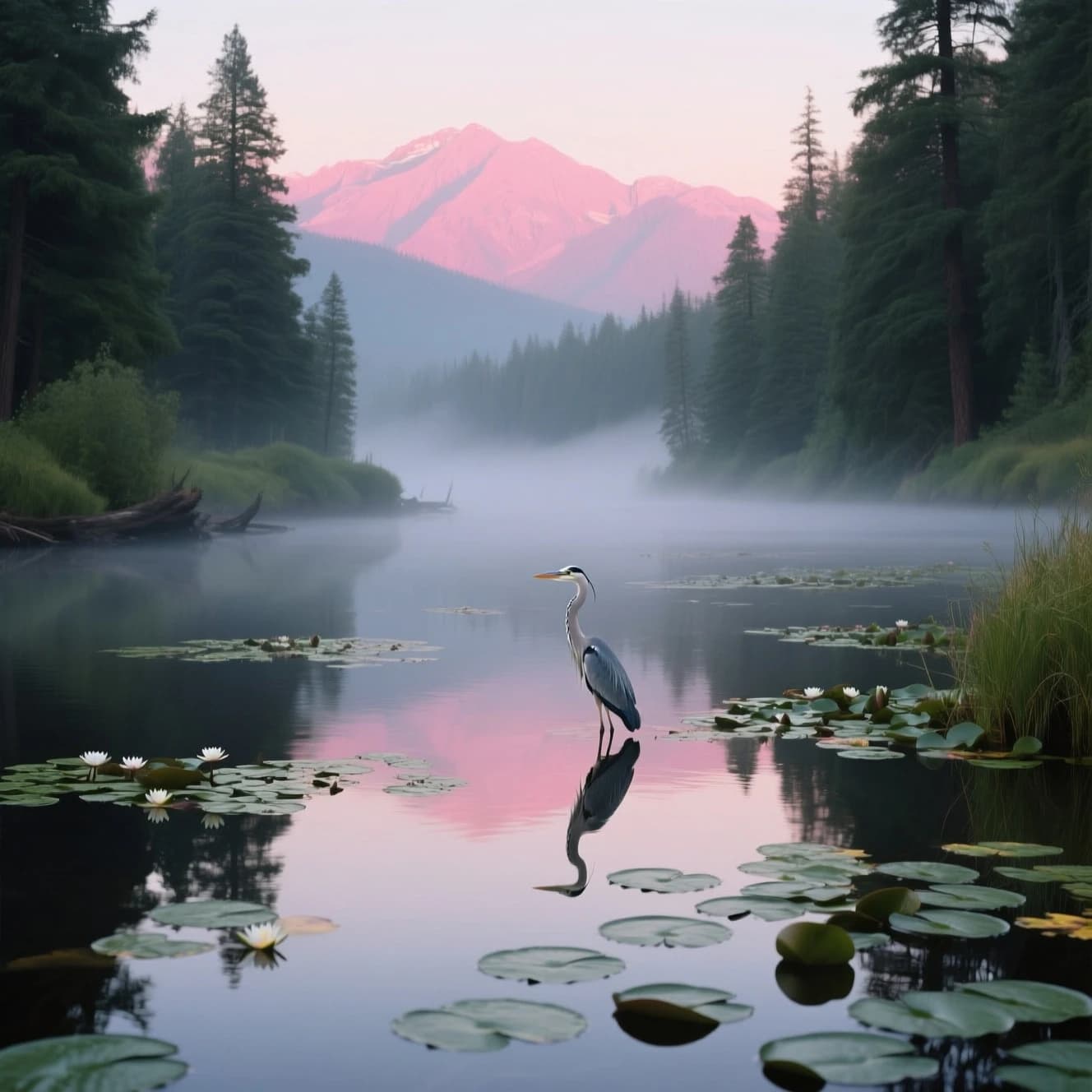 With pre-dawn mist along a cedar forest river and glassy water dotted with lily pads, distant mountains blush pink, and a heron stands still like it forgot what to do next.