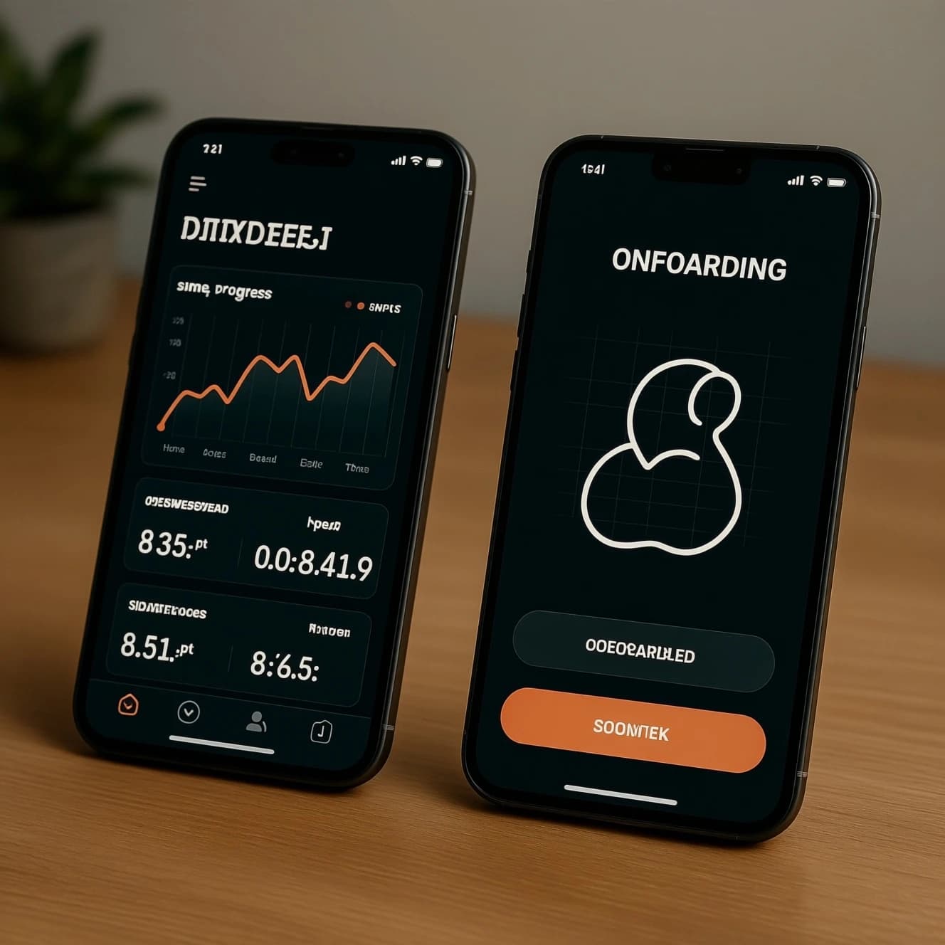 Sleek mobile fitness app screens on a desk: dark mode home, progress dashboard, simple onboarding, clear 8 pt grid, slightly oversized buttons for thumb reach, muted colors.