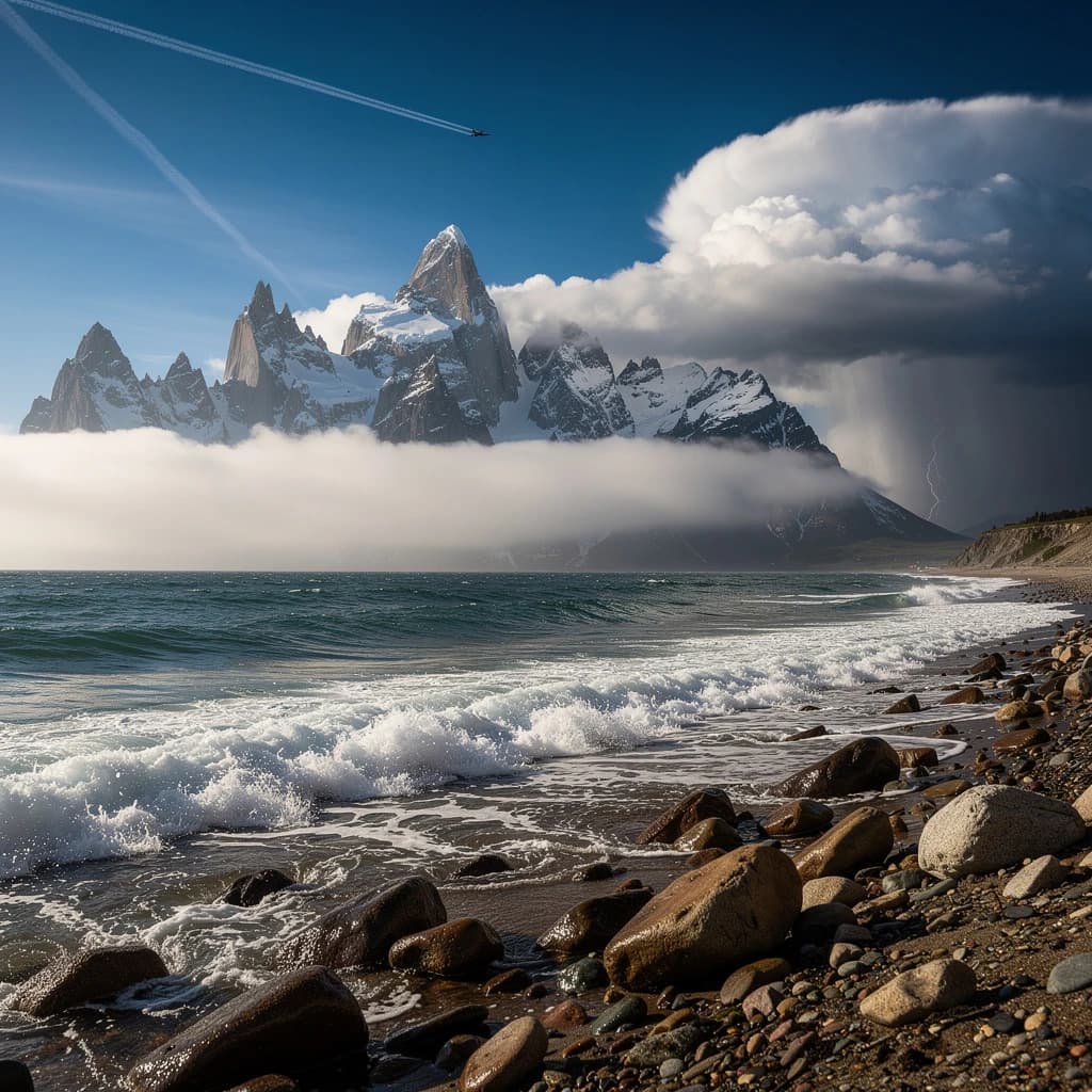 A stunning mountain vista pokes through the cloud top. Contrails from a distant airplane linger in the air. In the foreground there is a stony beach with foamy seas. A thunder storm is visibile in the distant right.