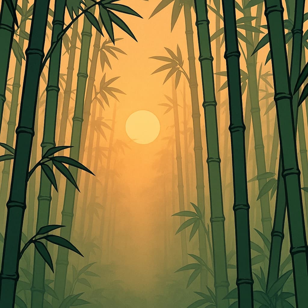 Give me a misty bamboo forest at sunrise, bold outlines, slightly cel-shaded.